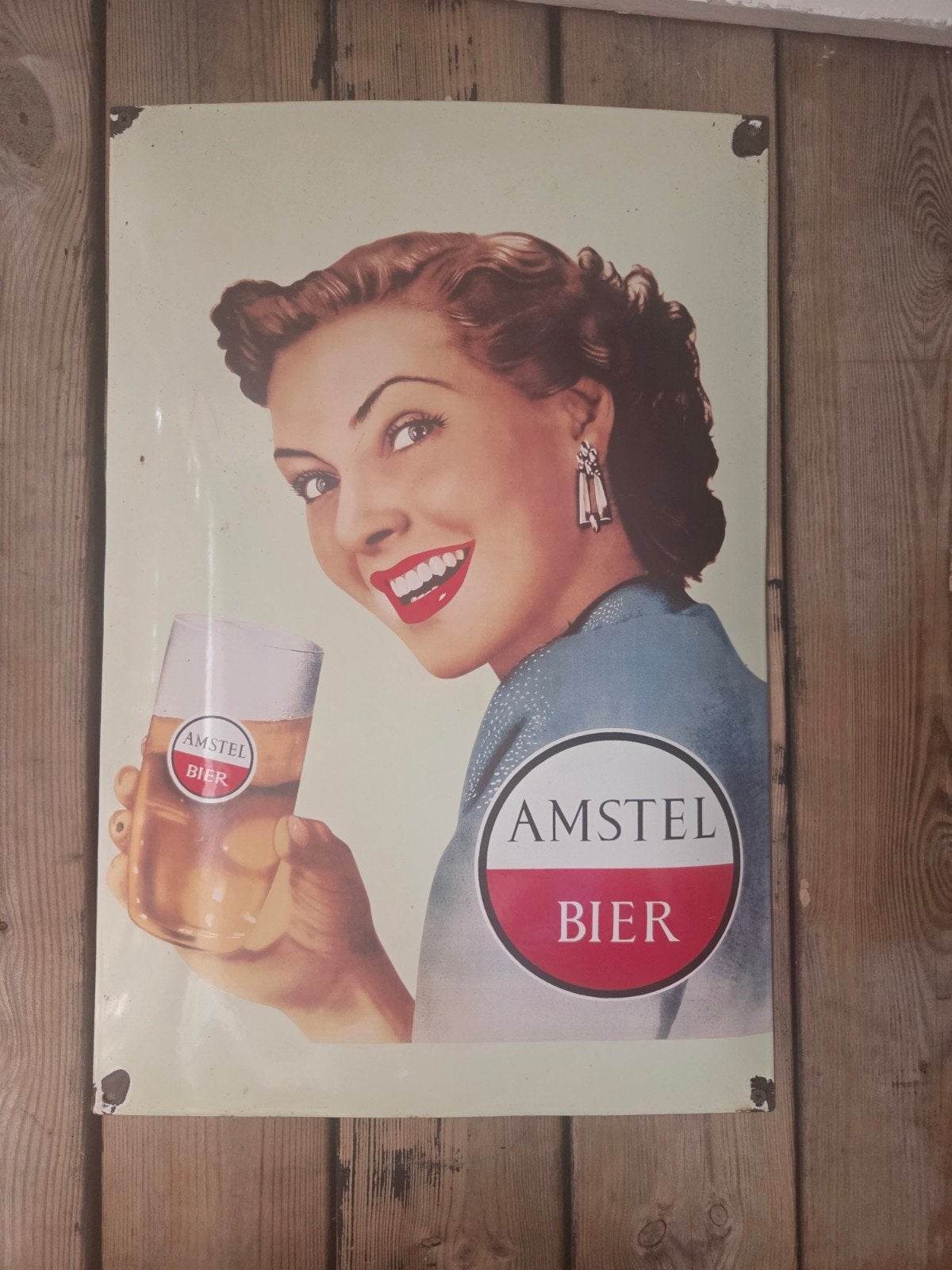 Vintage Amstel Bier Emaille Reclamebord, Ophalen, Gebruikt
