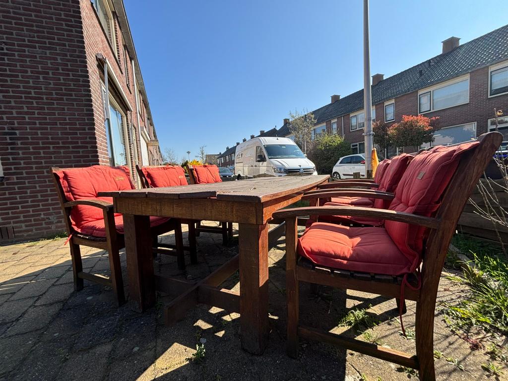 Grote houten tuinset (235 cm) met 6 stoelen en kussens, Tuin en Terras, Tuintafels, Ophalen, Gebruikt, Rechthoekig, Hout