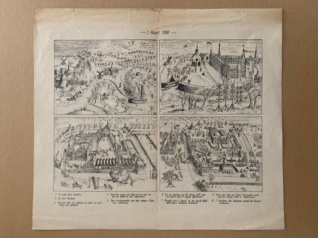 historische prent Breda – 1590 – beleg/vesting (boekdruk), Stadsgezicht, Ophalen of Verzenden, Gravure, 36 cm