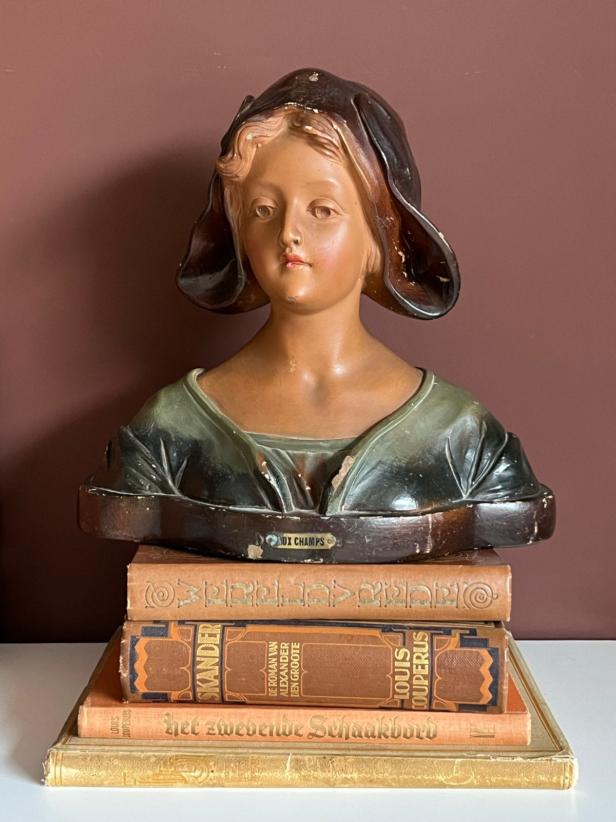 Antieke Franse gipsen Buste ‘aux Champs’ van een vrouw, Gips, Ophalen of Verzenden, 20 - 50 cm, Beschilderd