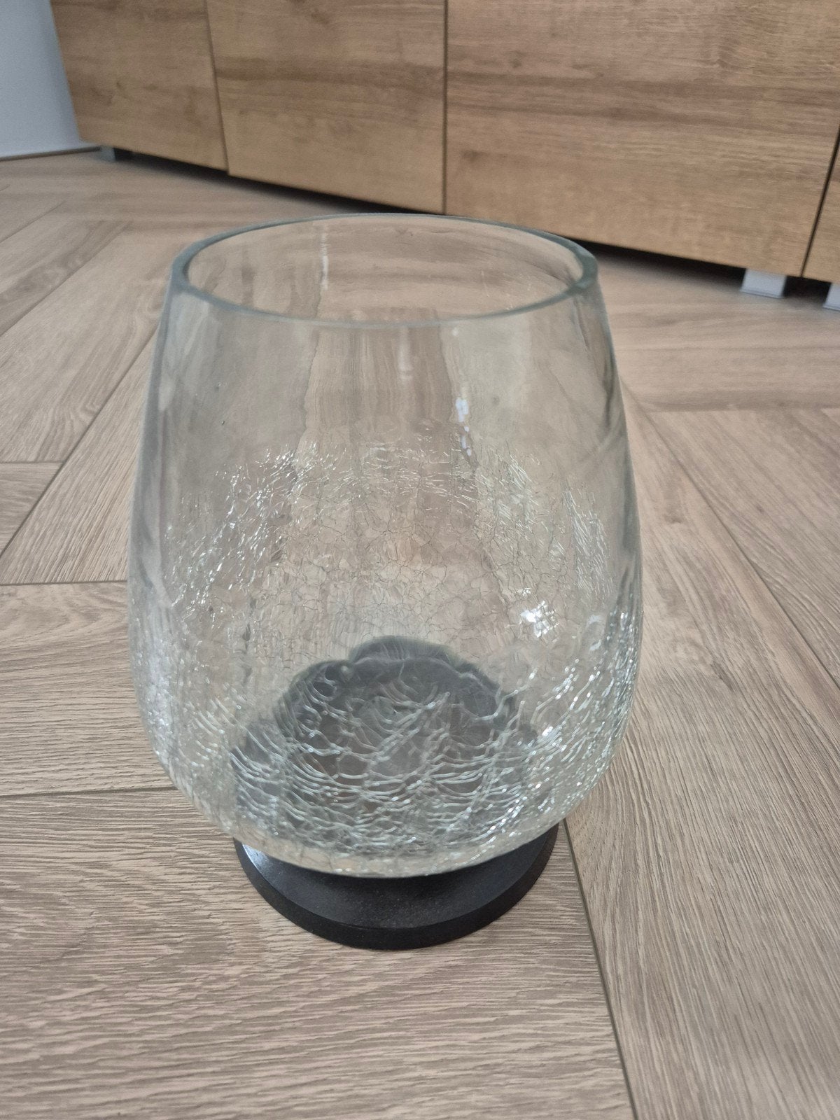 Glazen windlicht/waxinelichthouder met craquelé effect, Ophalen of Verzenden, Gebruikt, Glas, Windlicht