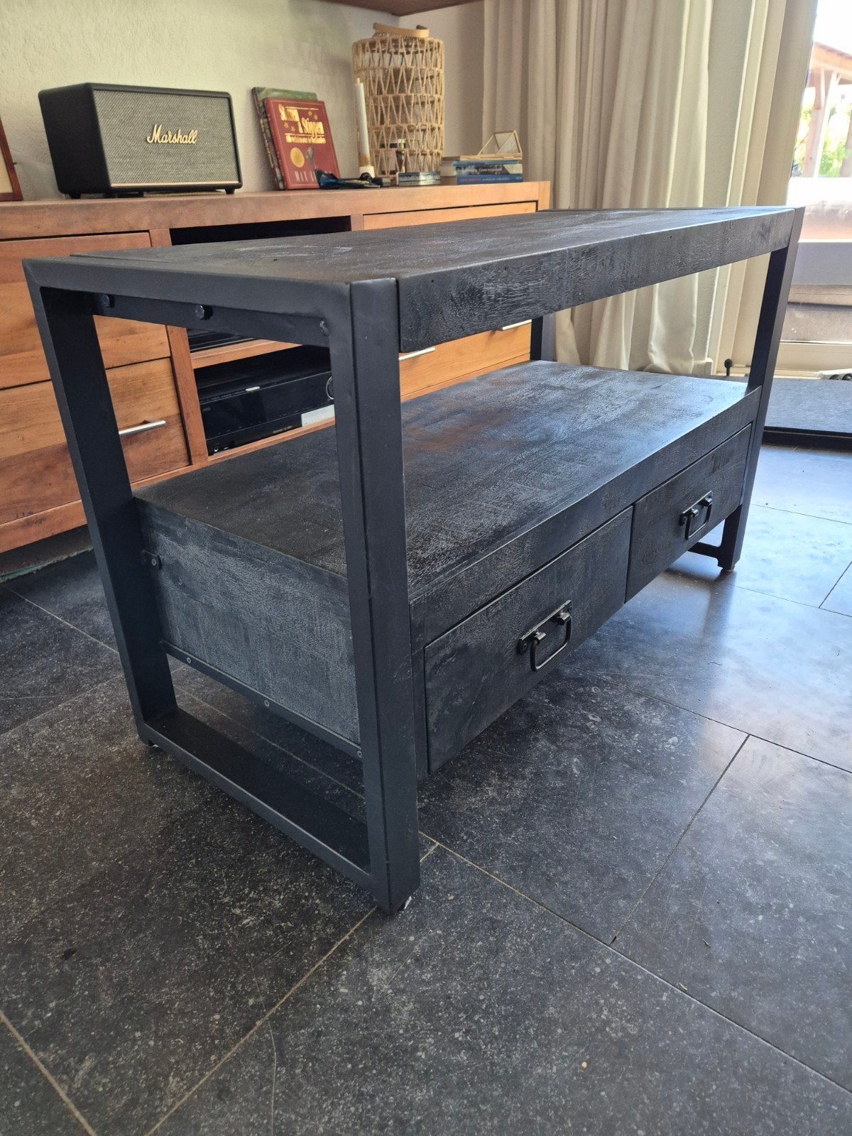 tv meubel mangohout, Ophalen, 25 tot 50 cm, Rechthoekig