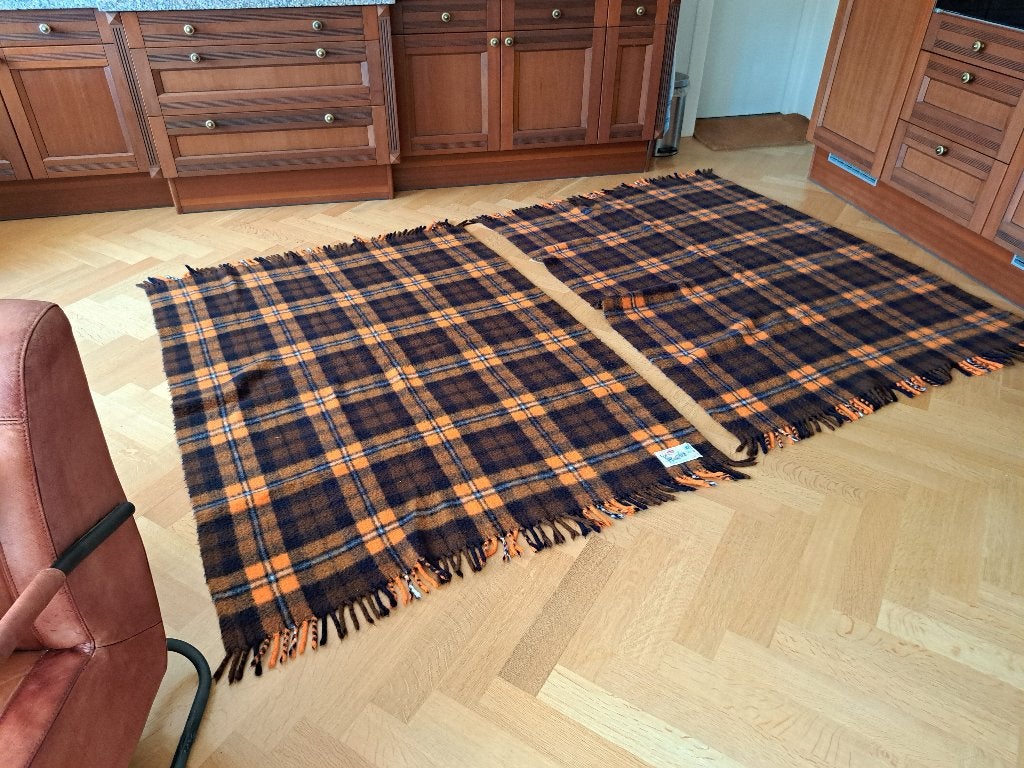Vintage wollen plaid met ruitpatroon en franjes, Ophalen, 130 cm, Wol, Met franjes/kwastjes