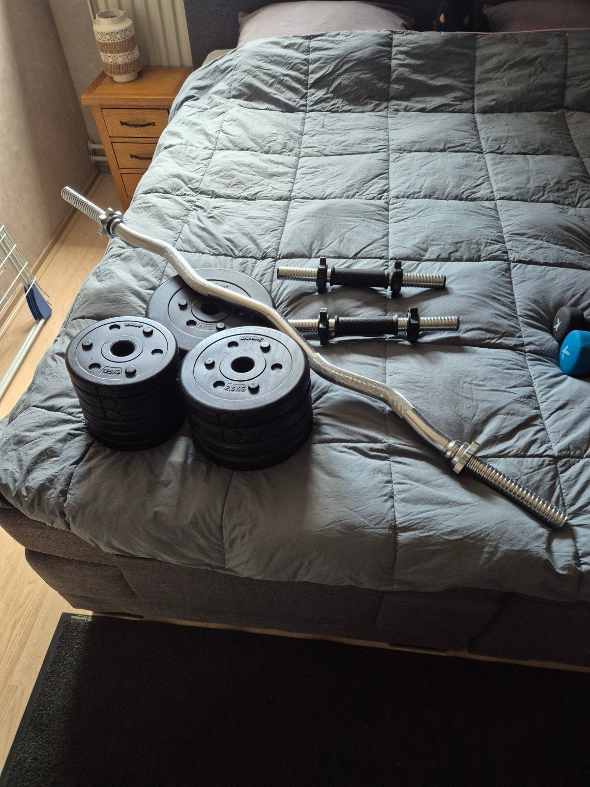 Halterset met EZ-stang en dumbbells - 32,5 kg, Sport en Fitness, Fitnessmaterialen, Ophalen, Zo goed als nieuw, Rug, Halterset