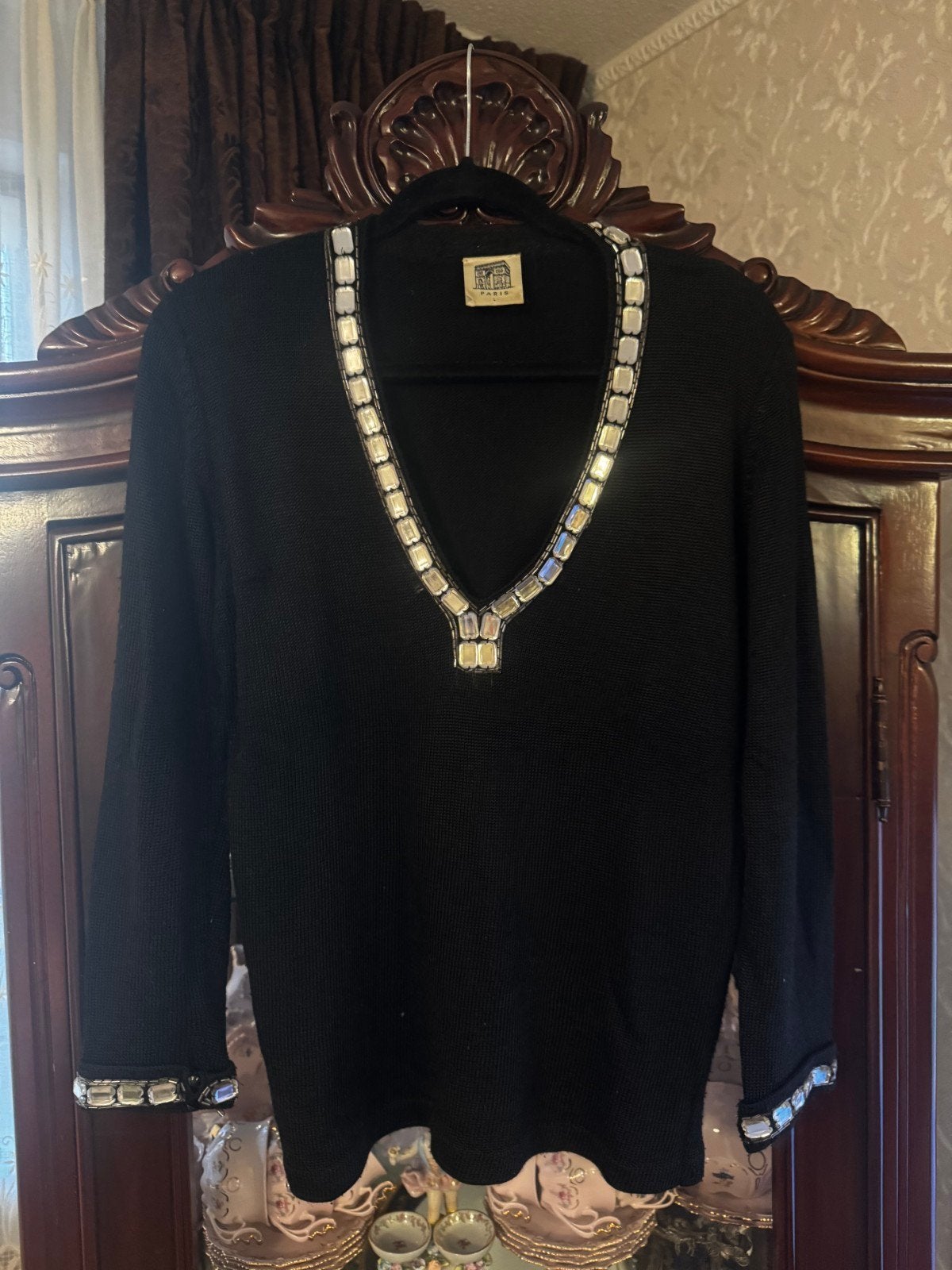 Vintage Trui Zwart met Strass Kraag, Maat 38/40 (M), Zwart, Ophalen of Verzenden, Onbekend