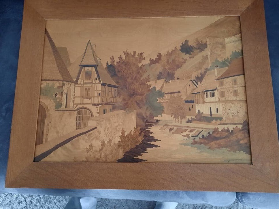 Inlegwerk schilderij, marqueterie, Ophalen