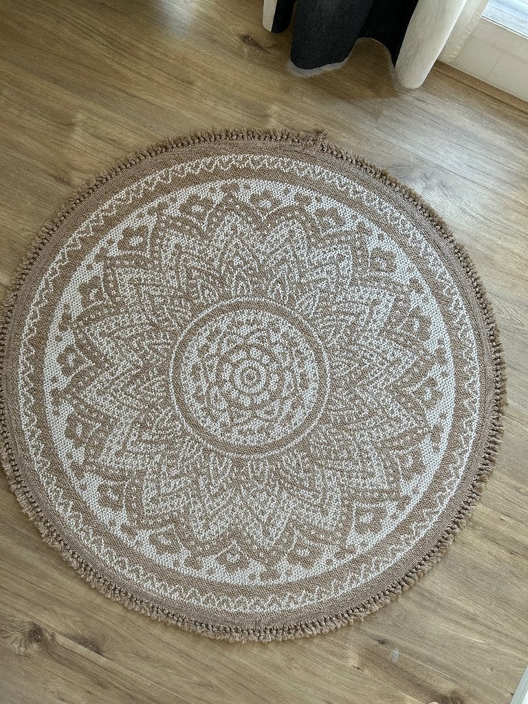 Rond kleed in beige en wit van Rug Vista, diameter 120cm, Ophalen, Bloem design neutrale kleurcombinatie, Rond, Zo goed als nieuw
