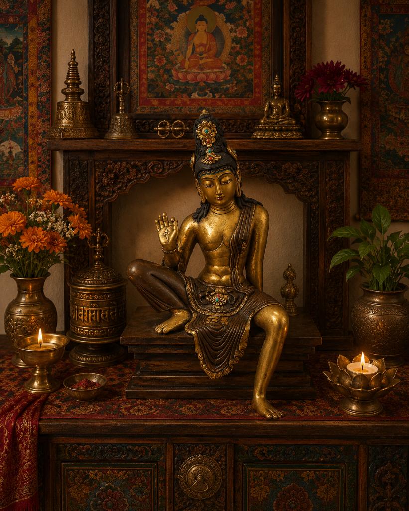 verguld brons Bodhisattva goldface beeld Abhaya Mudra 20cm, Verzamelen, Religie, Ophalen of Verzenden, Zo goed als nieuw, Beeld(je)