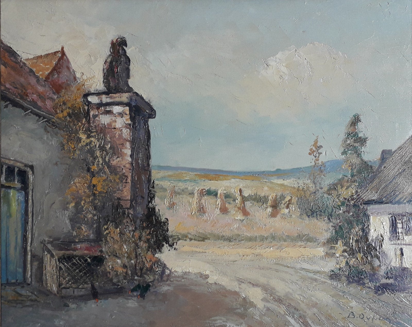 ZONNIG STRAATJE MET DOORKIJK NAAR VELD.MET KORENSCHOVEN, Doek, Impressionistisch, Ophalen of Verzenden, Landschap