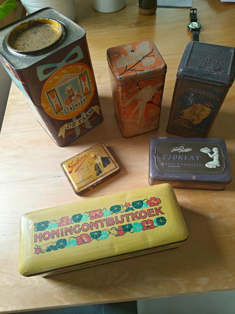 Gratis blikken: Vintage voorraadblikken, Verzamelen, Blikken, Ophalen of Verzenden, Gebruikt, Overige, Overige merken
