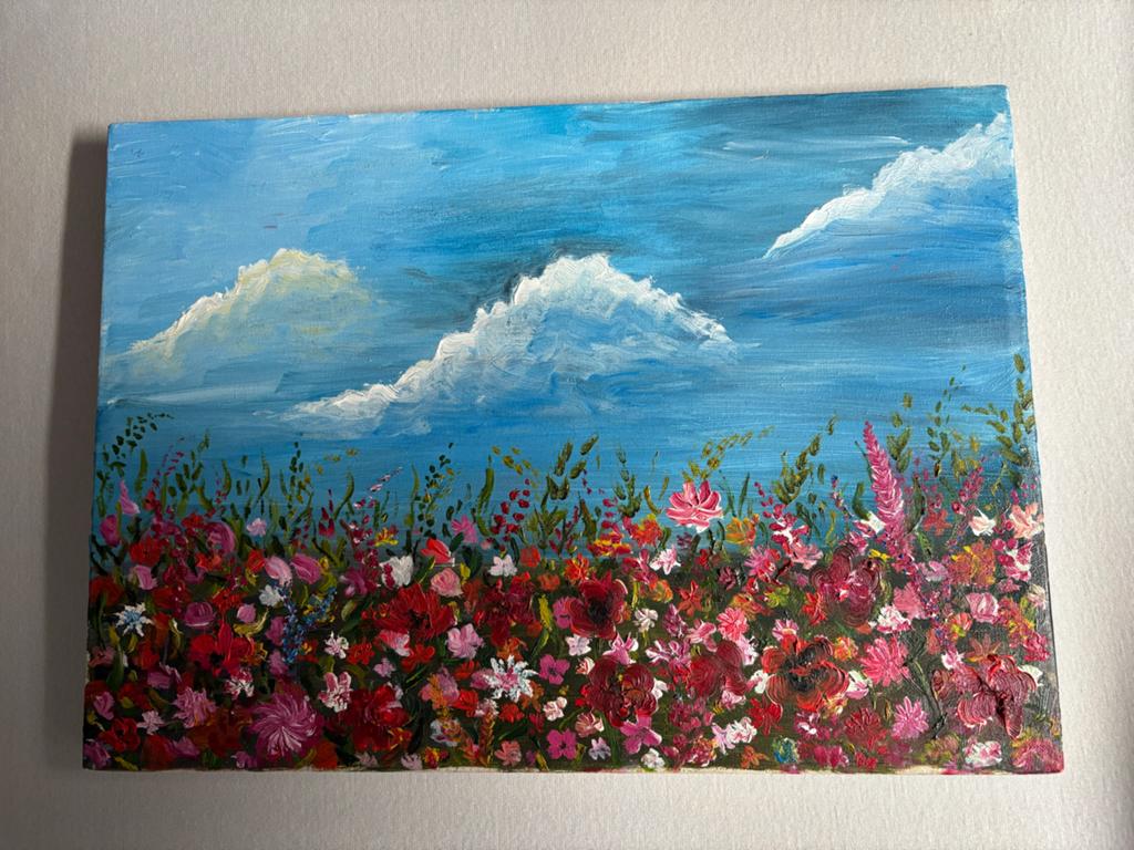 Schilderij: Bloemenveld onder blauwe lucht, Ophalen of Verzenden