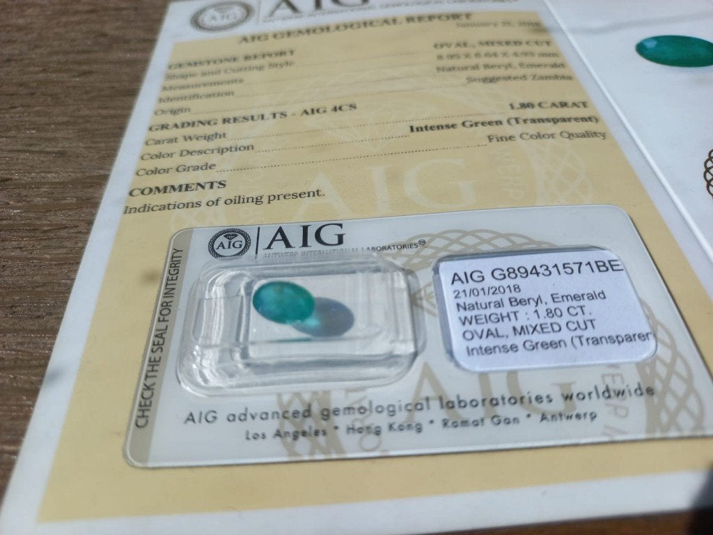 Groene Emerald (1.80 ct) – Zambia – AIG-gecertificeerd, Ophalen of Verzenden, Zo goed als nieuw