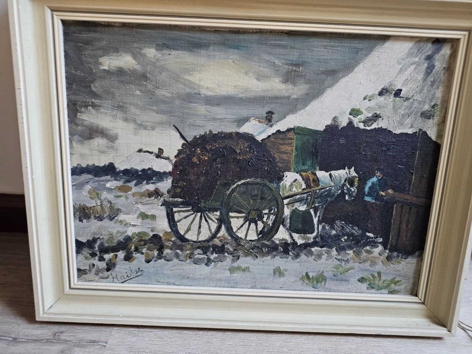 Olieverfschilderij Winterlandschap met Paard en Kar, Ophalen of Verzenden