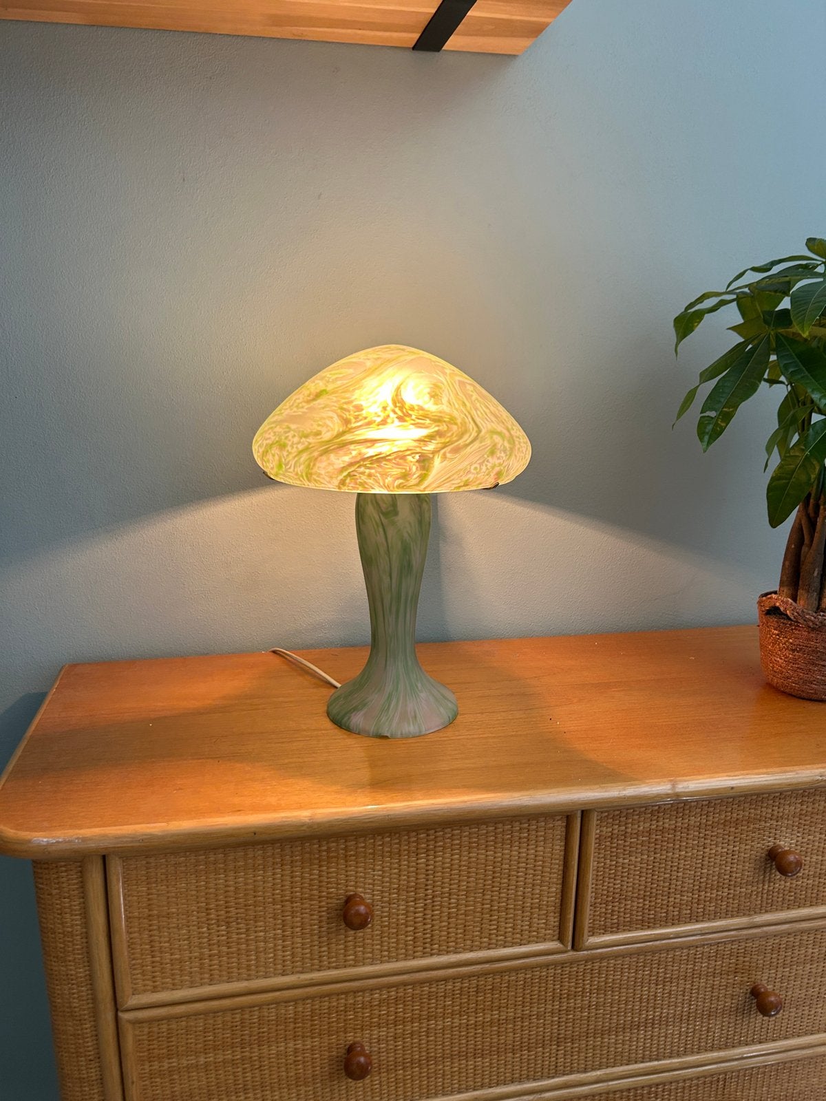 Vintage paddenstoel lamp - Groen glas - Art Deco stijl, Antiek en Kunst, Ophalen of Verzenden