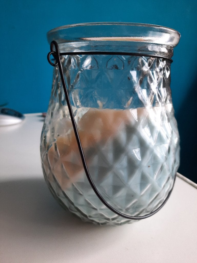 glazen pot met kaars, gebruikt, ca. 17,5 cm. hoog, Ophalen of Verzenden, Kaars