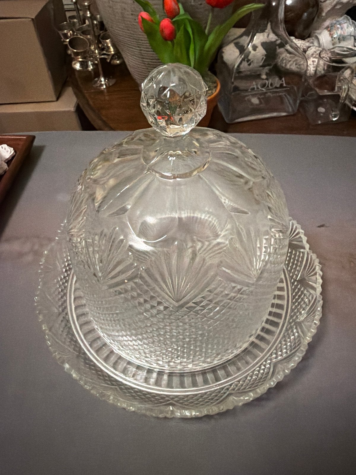 Antieke glazen kaasstolp met schaal, Antiek en Kunst, Ophalen of Verzenden