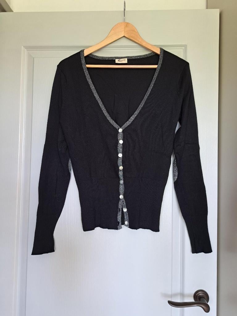 Prachtig zwart vestje met zilverkleurige glitterranden, mt S, Kleding | Dames, Truien en Vesten, Zwart, Casual Ladies, Ophalen of Verzenden
