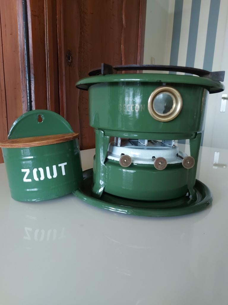 BECCON 3pits,in nieuwstaat, samen met ZOUTBAK, Antiek en Kunst, Antiek | Emaille, Ophalen of Verzenden