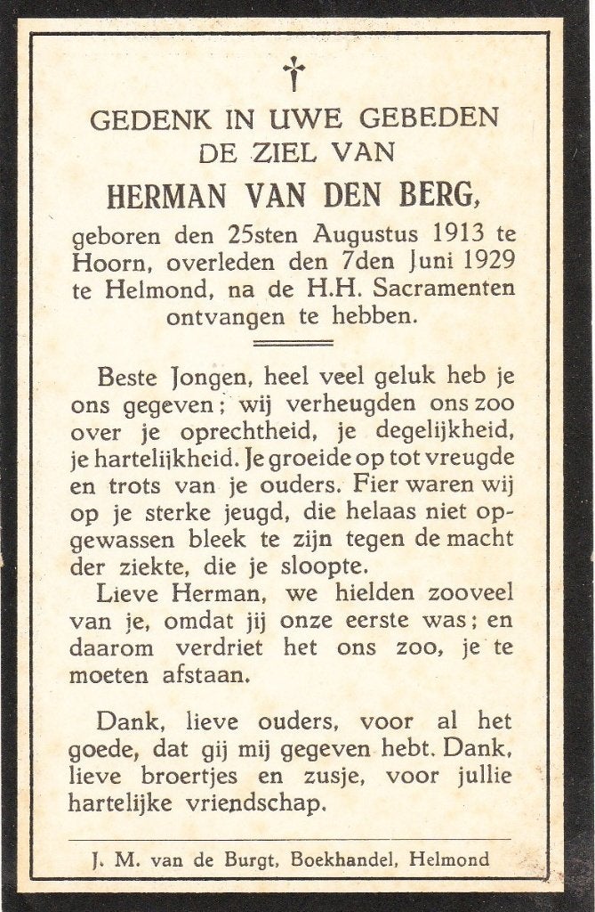 Hoorn 1913 - Helmond 1929 Herman van den Berg, Verzamelen, Ophalen of Verzenden, Bidprentje