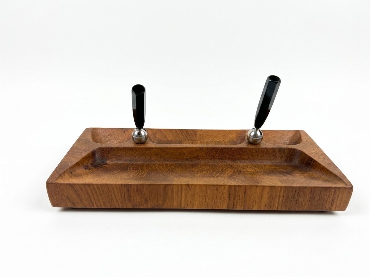 Vintage Deense Teak Houten Pennenhouder met Inktpotten, Ophalen of Verzenden