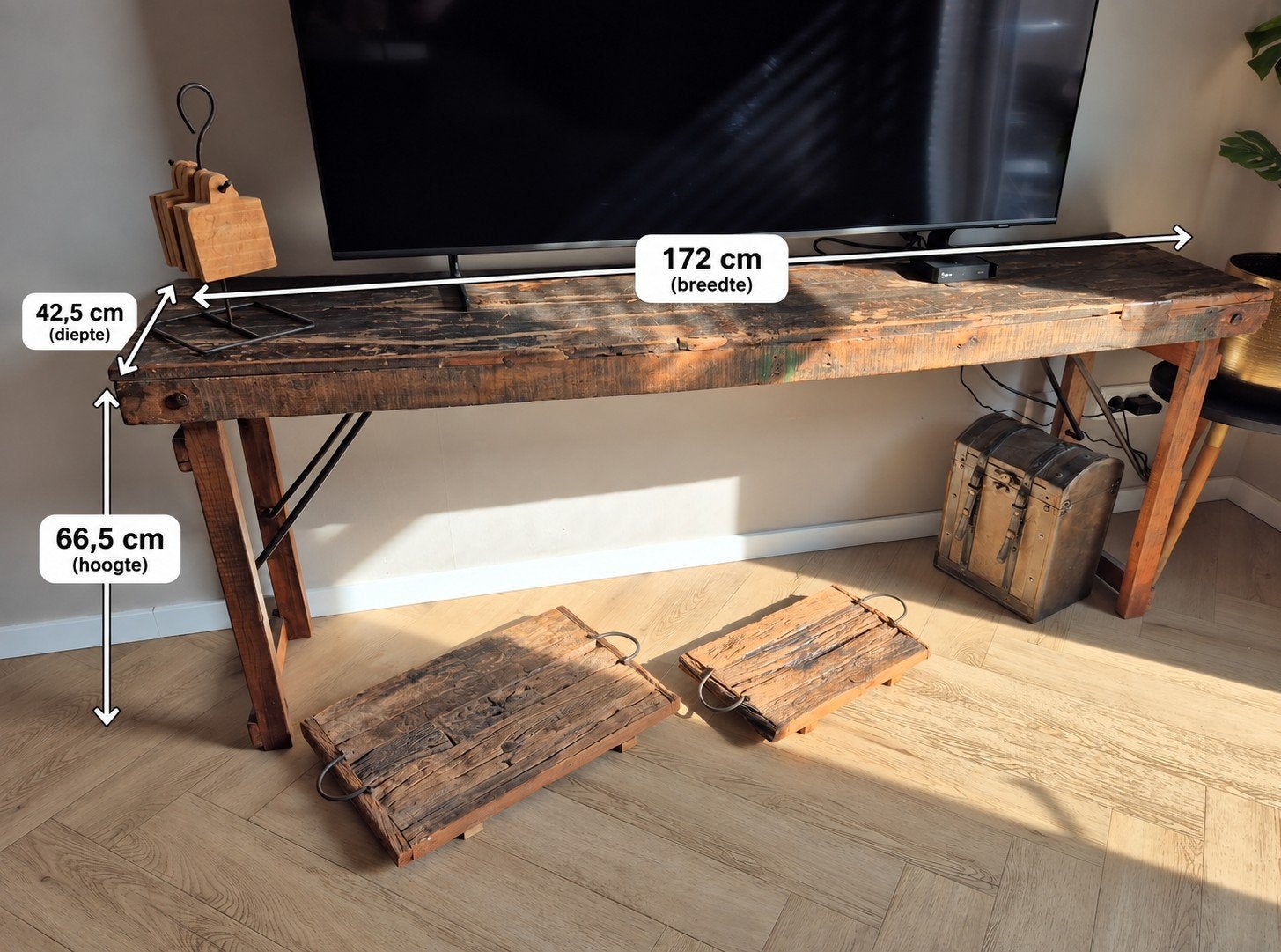 Oude houten markttafel / sidetable – industrieel & uniek – 1, Ophalen