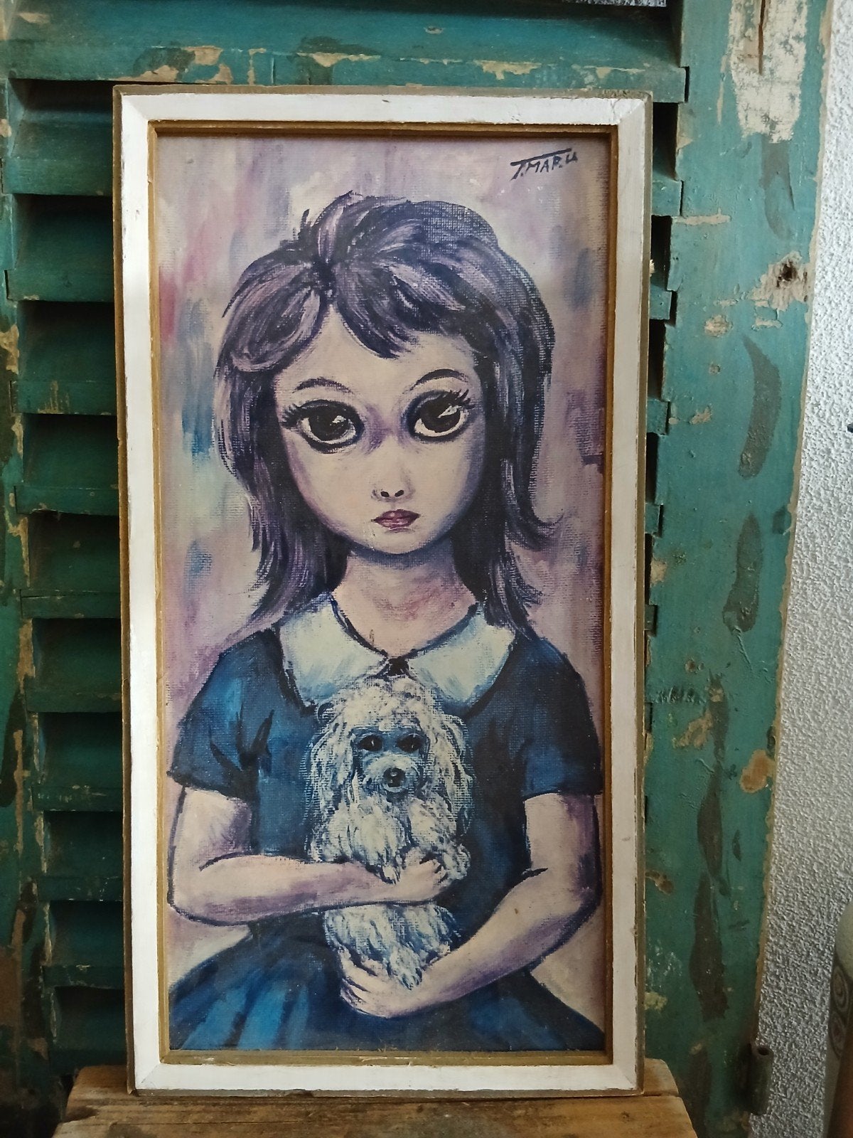 vintage afbeelding meisje met hond, Ophalen of Verzenden, Minder dan 50 cm, Schilderij