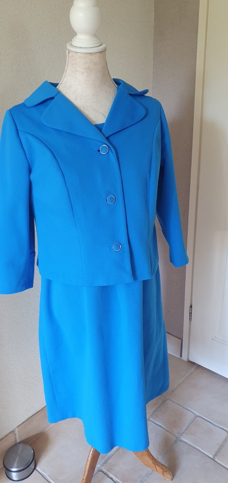 Prachtig origineel blauw mantelpakje jurk met jasje, Ophalen of Verzenden, Dames