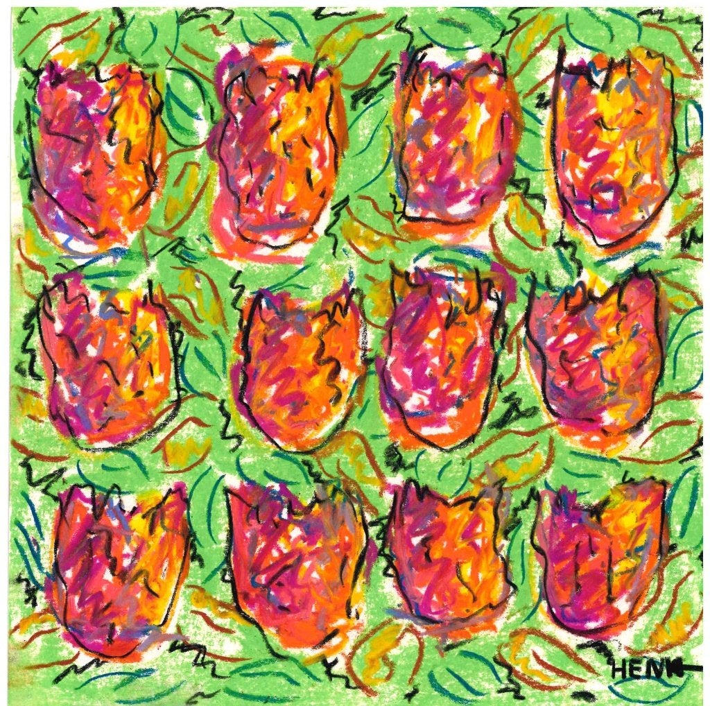 Origineel werk * Pastel * Henk de Bouter 12 tulpen, Antiek en Kunst, Ophalen of Verzenden