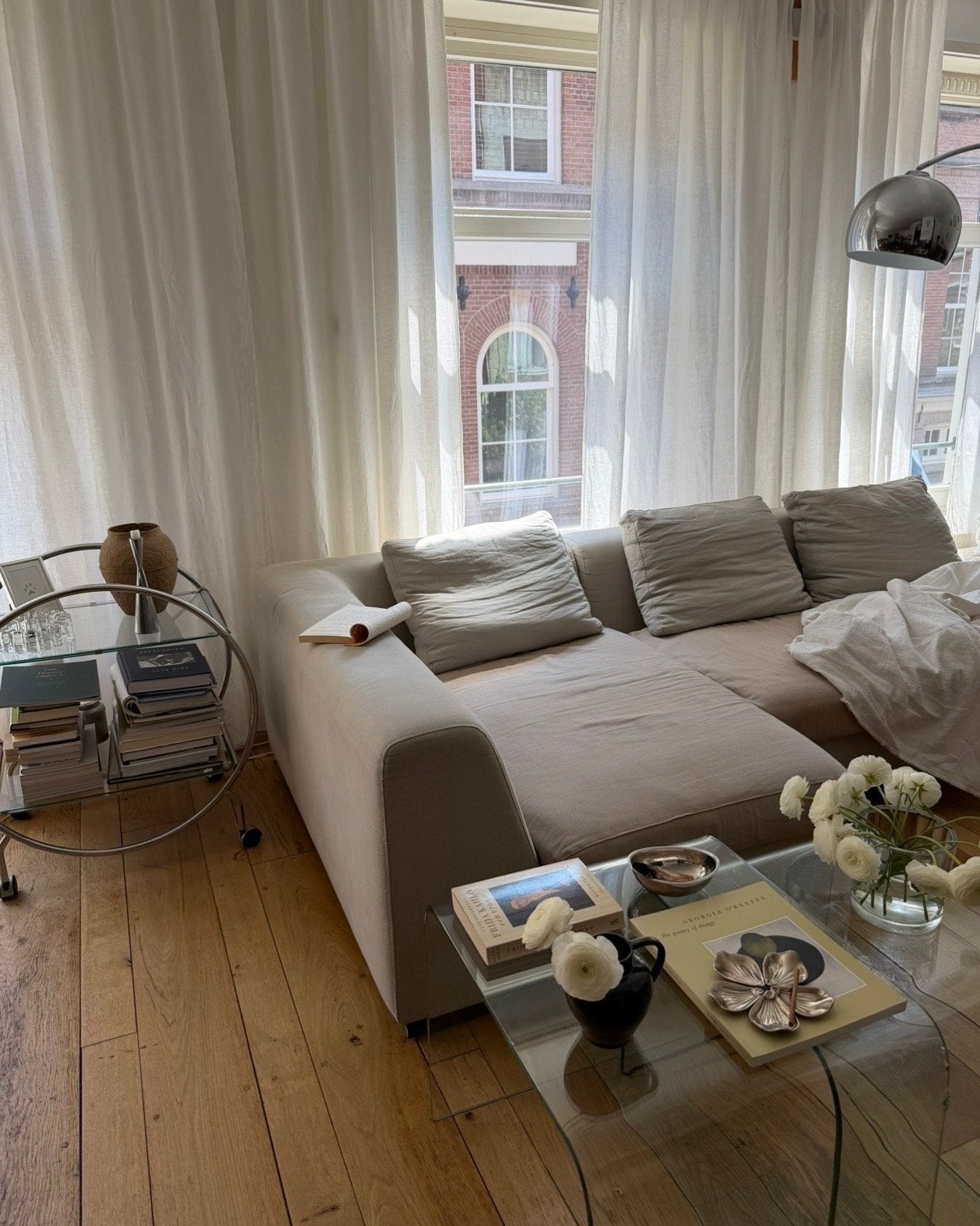 Comfortabele 3 zits Hoekbank - Beige linnen/katoenmix, Huis en Inrichting, Ophalen, 250 tot 300 cm, Gebruikt, 100 tot 125 cm
