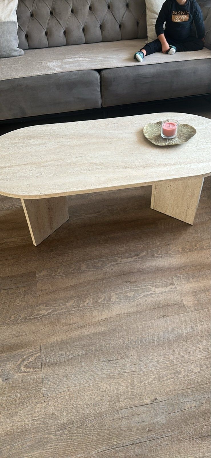 Japandi Travertin ( beige) eettafel en salontafel set, Huis en Inrichting, Ophalen, Overige materialen, Gebruikt, 150 tot 200 cm