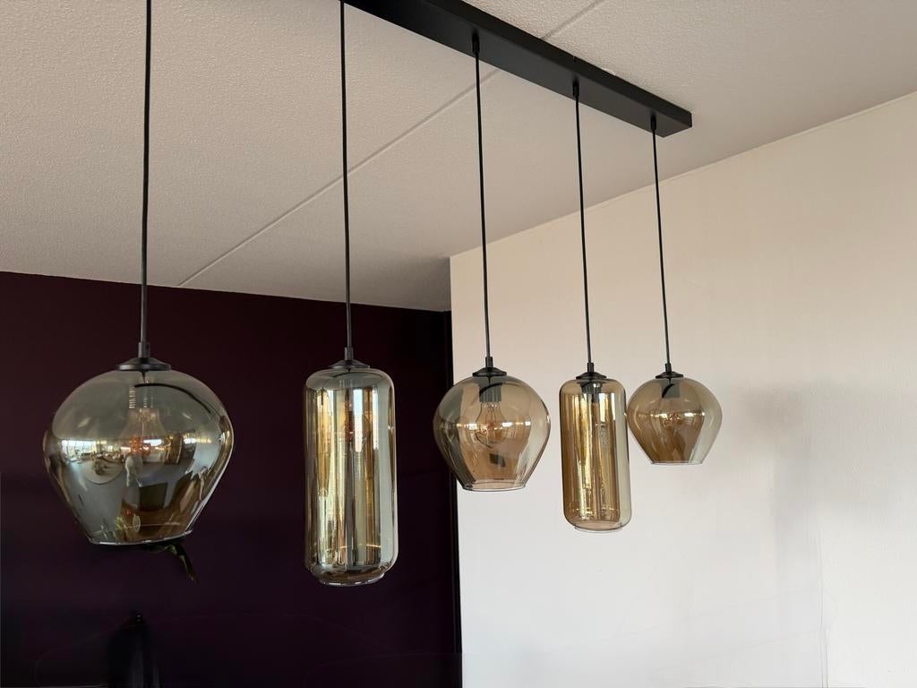 Devant hanglamp met 5 glazen kappen - smoke glass, Huis en Inrichting, Lampen | Hanglampen, Ophalen of Verzenden, Zo goed als nieuw