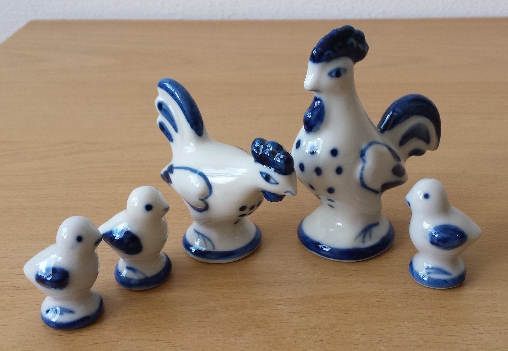 Gzhel Kippenfamilie - volkskunst Rusland, Verzamelen, Ophalen of Verzenden, Zo goed als nieuw, Dier