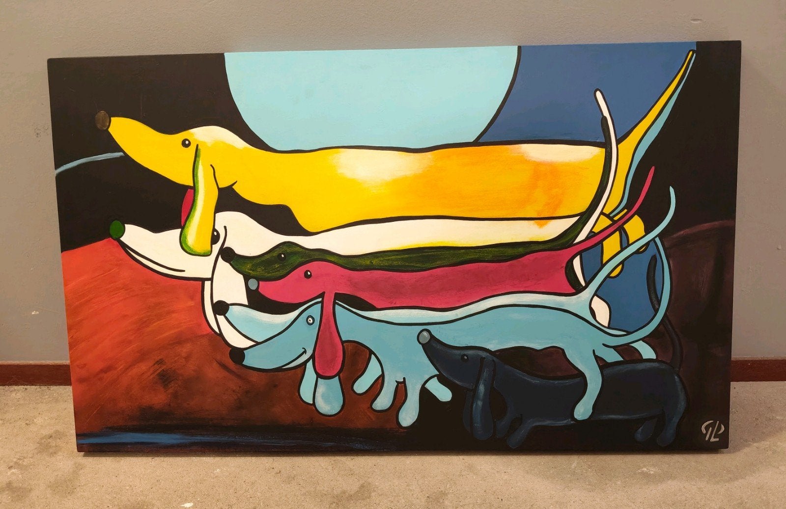 Origineel Teckel Schilderij op Houten Paneel Eigen Werk, Antiek en Kunst, Ophalen of Verzenden, Acrylverf