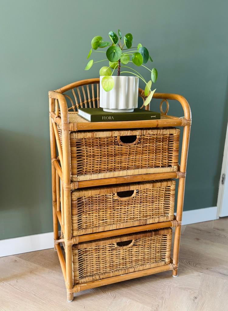 Vintage rotan bamboe ladekastje nachtkastje retro, Ophalen, Minder dan 50 cm, Gebruikt, Vintage