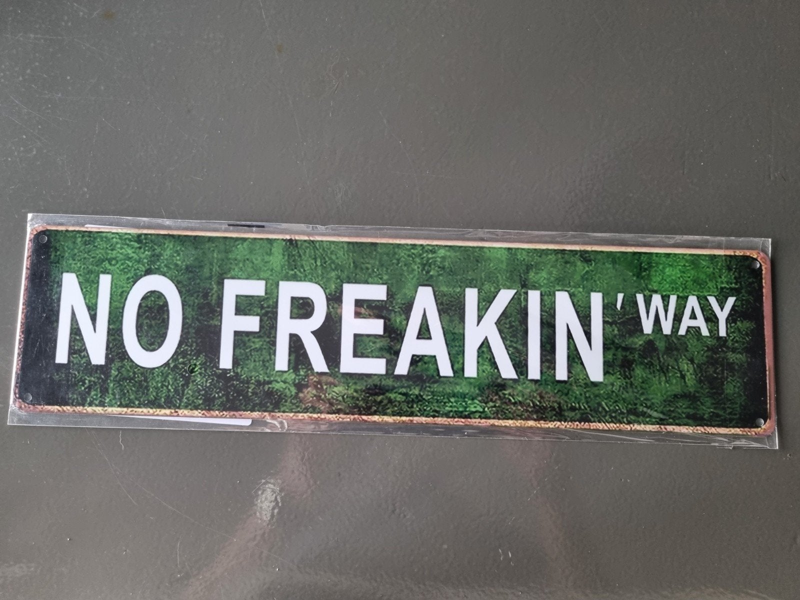 Metalen wandbord "NO FREAKIN' WAY", Metaal, Groen, Vintage, Nieuw
