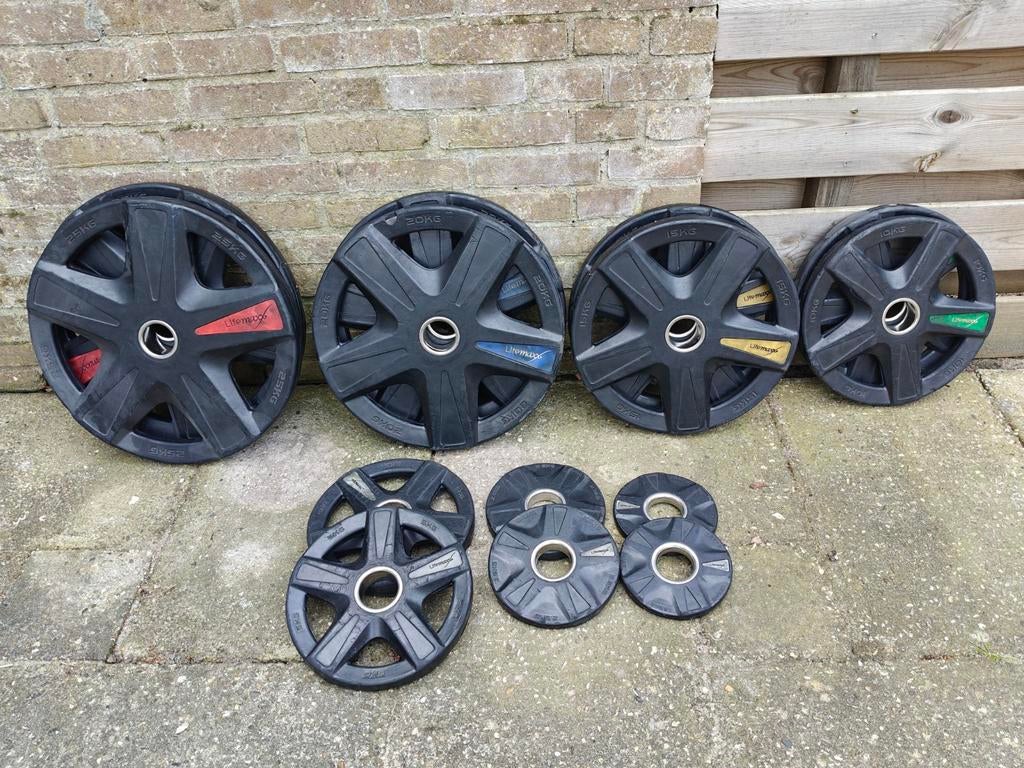 157.5 kg Lifemaxx olympische halterschijven set, Ophalen, Halterschijven, Benen, .