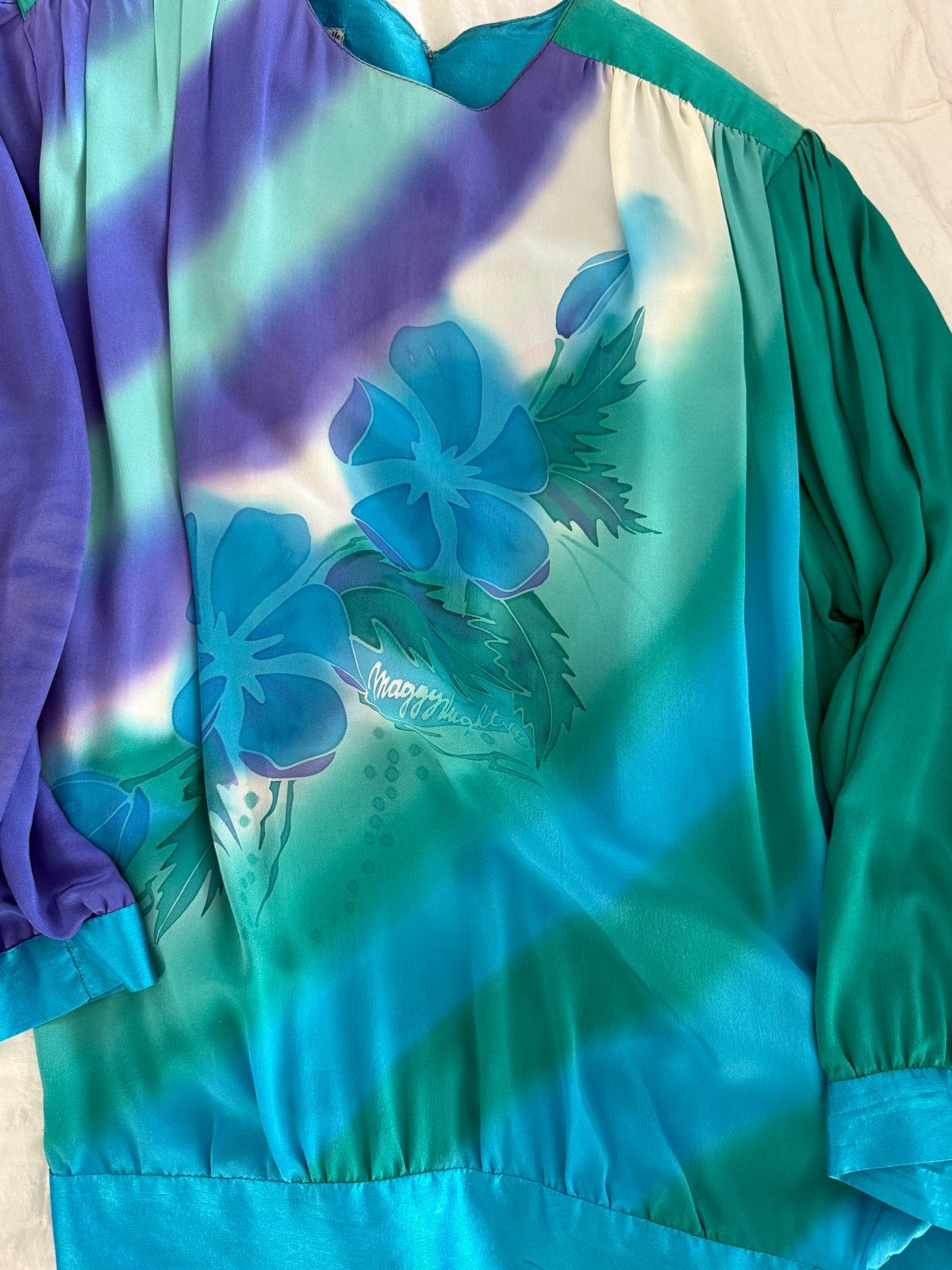 Zijden Maggy Rouff set: blouse en rok, maat M, Maat 38/40 (M), Meerkleurig, Ophalen of Verzenden, Zo goed als nieuw