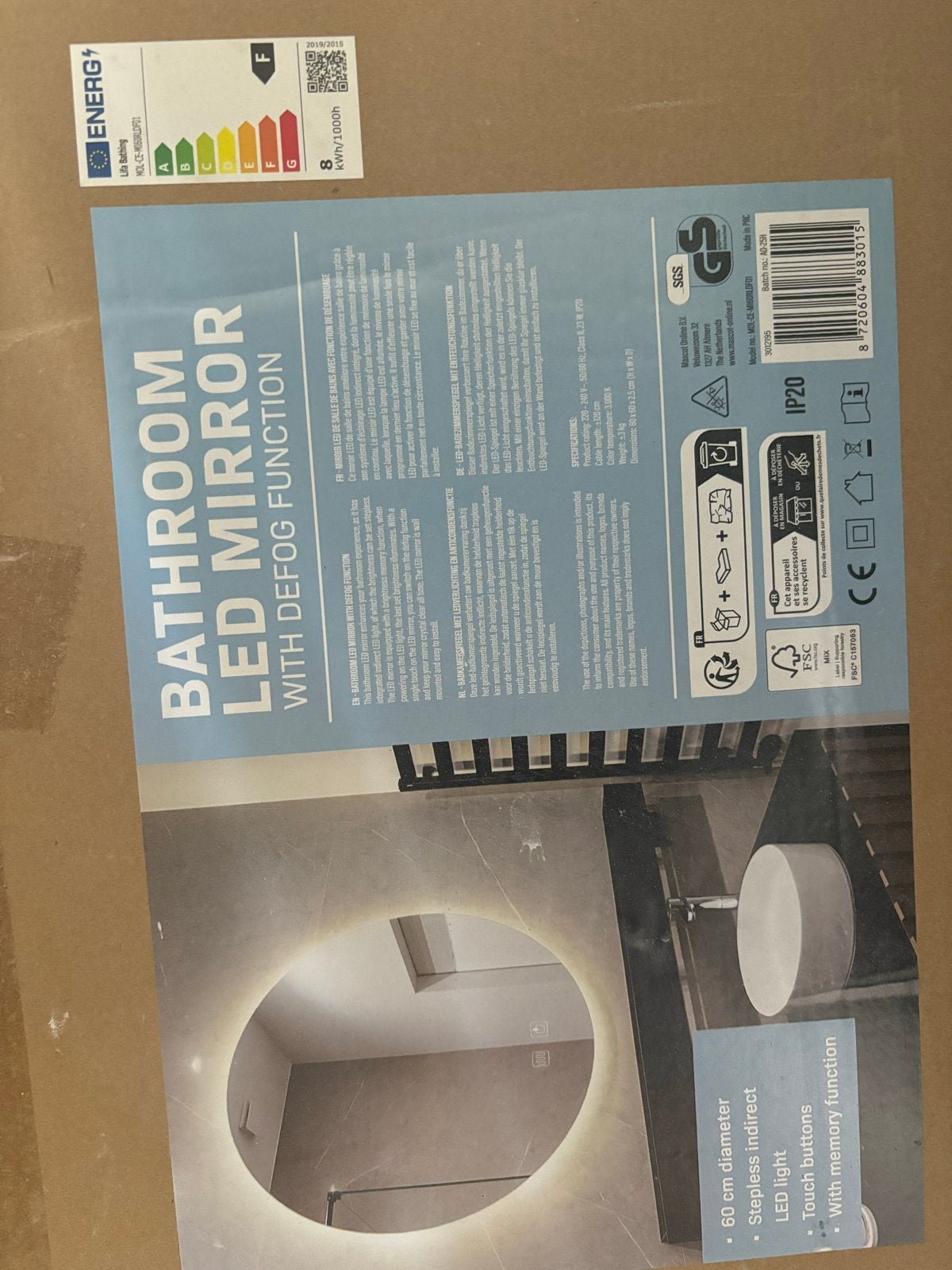 Badkamer LED spiegel met anti-condens functie, 60 cm, Ophalen, Rond, Nieuw, Minder dan 100 cm