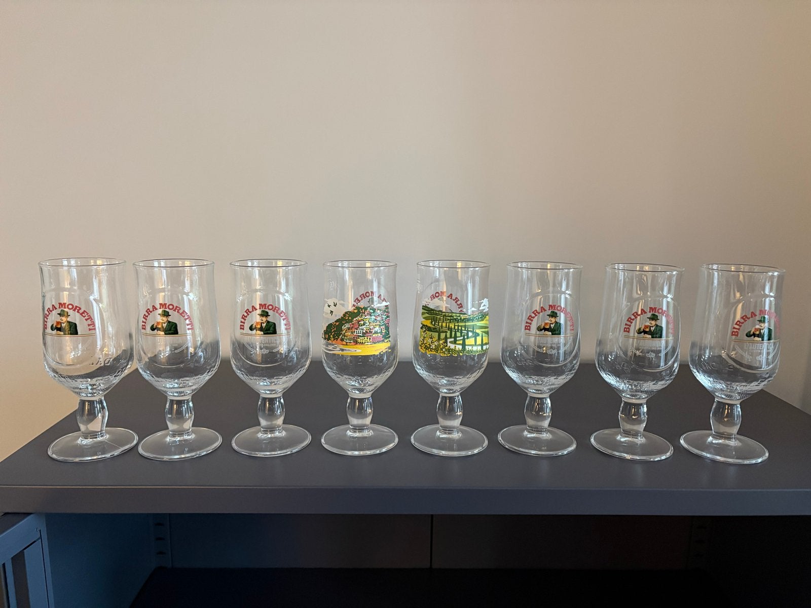Birra Moretti bierglazen - Set van 8 glazen, Vintage, Meerkleurig, Ophalen of Verzenden, Zo goed als nieuw