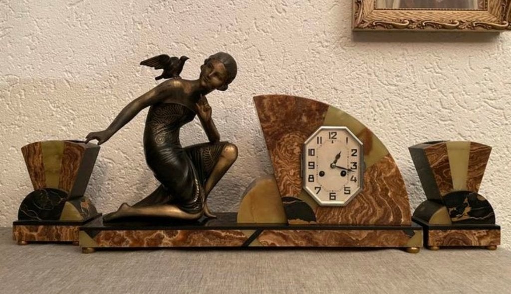 Zeldzaam mooi Art Deco pendule stel - gesigneerd Uranio, Antiek en Kunst, Antiek | Klokken, Ophalen of Verzenden