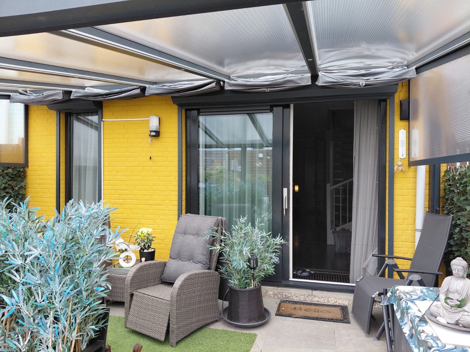 Veranda met verlichting en schaduwdoeken (5x3m), Tuin en Terras, Overkappingen, Ophalen, Gebruikt, Veranda