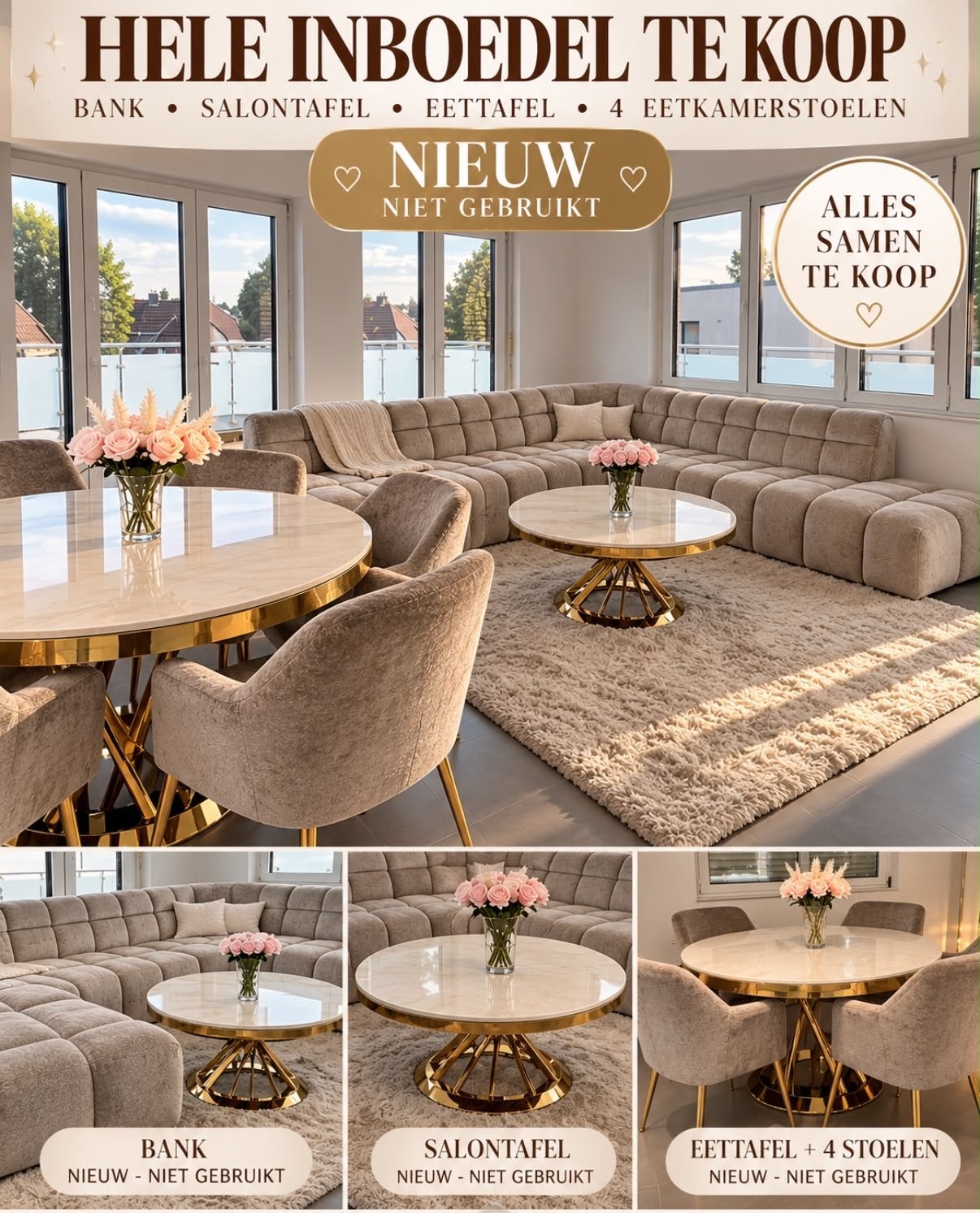 Nieuwe inboedel: bank, salontafel, eettafel + 4 stoelen, Ophalen