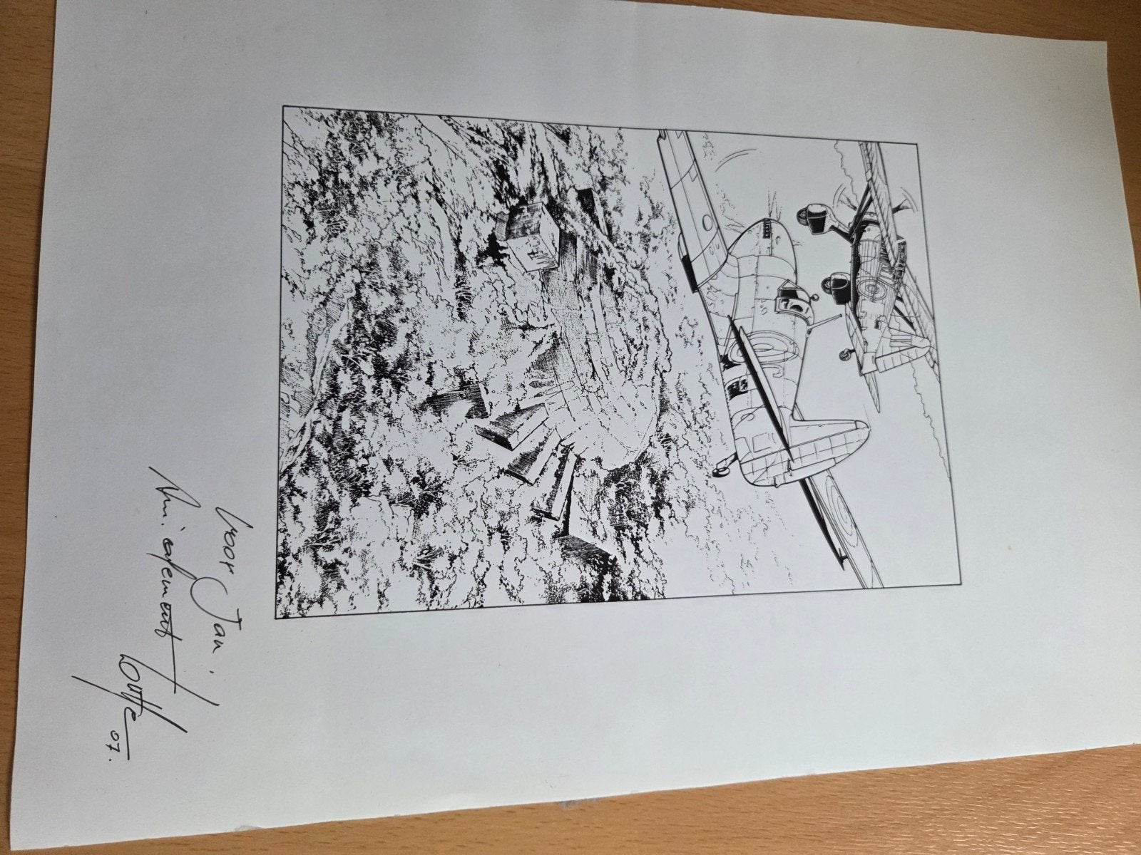 Originele tekening van vliegtuig in berglandschap, Antiek en Kunst, Ophalen of Verzenden, Tekening, Pentekening, Gesigneerd