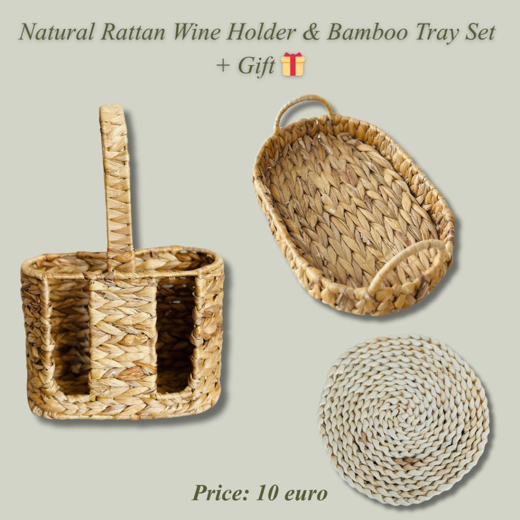 Natural Rattan Wine Holder & Bamboo Tray Set & GIFT, Ophalen of Verzenden, Rond, Riet