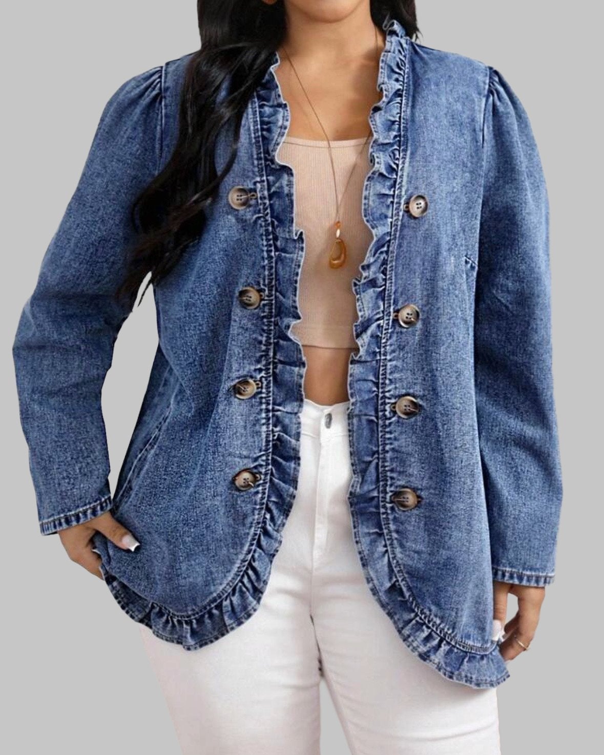 Denim jasje met ruches en pofmouwen (44-54), Verzenden, Nieuw, Blauw, Jasje of Colbert