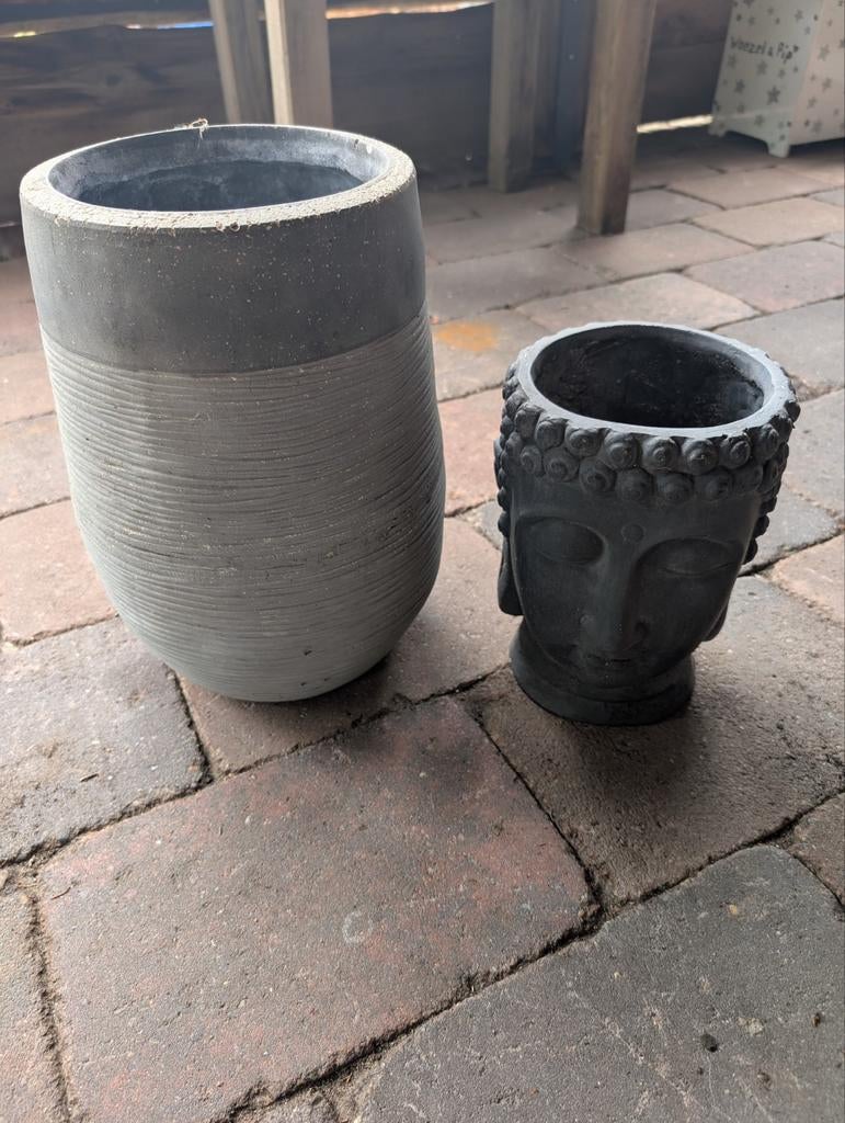 Set van 2 bloempotten: grijs en Boeddha-hoofd, Tuin en Terras, Bloempotten, Ophalen of Verzenden