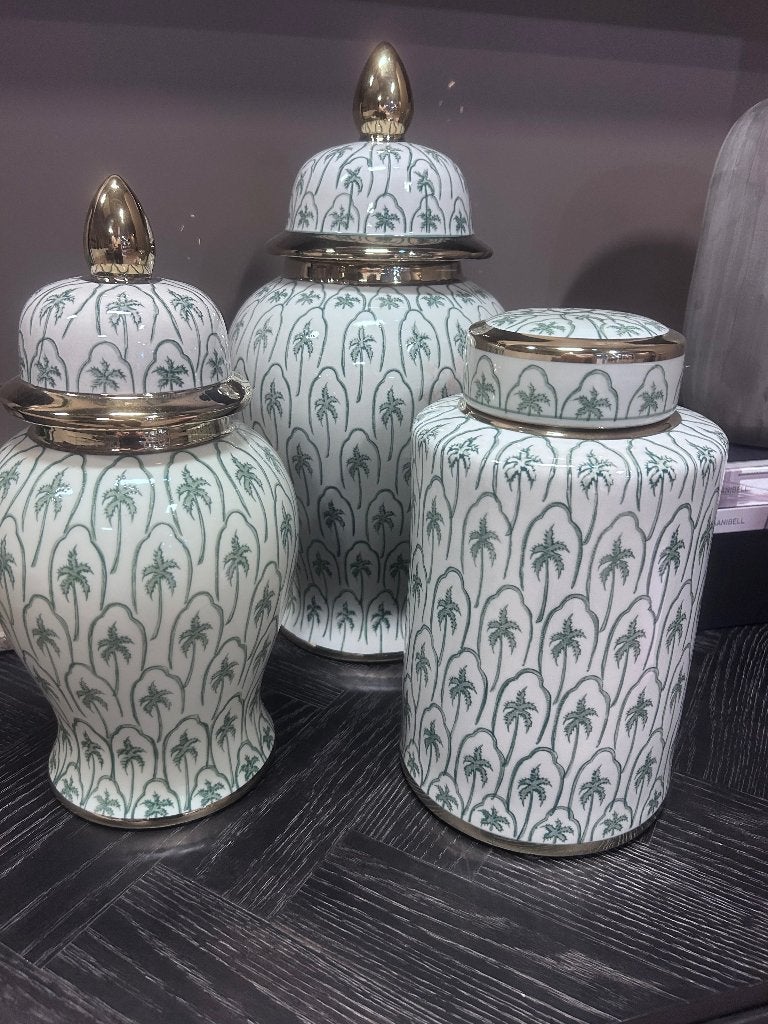 Keramiek pot palmbomen groen goud, Ophalen