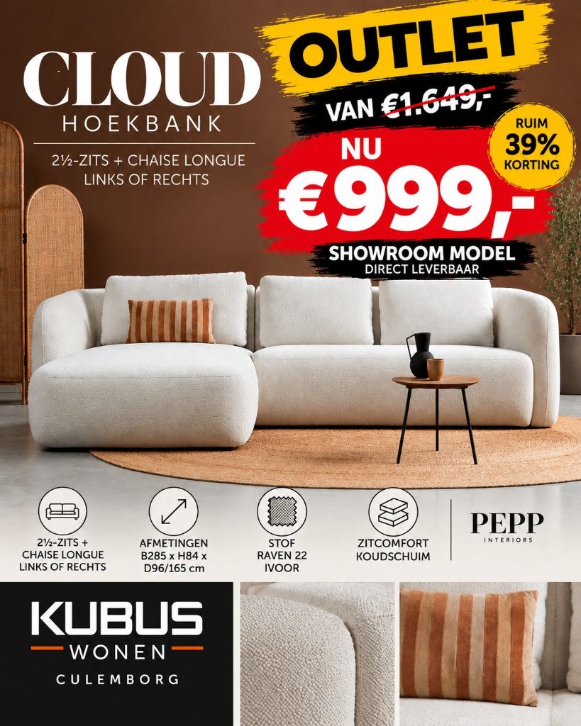 KUBUS WONEN Bank PEPP Interiors Cloud hoekbank |Outlet €999, 250 tot 300 cm, JAPANDI, 75 tot 100 cm, Ophalen of Verzenden