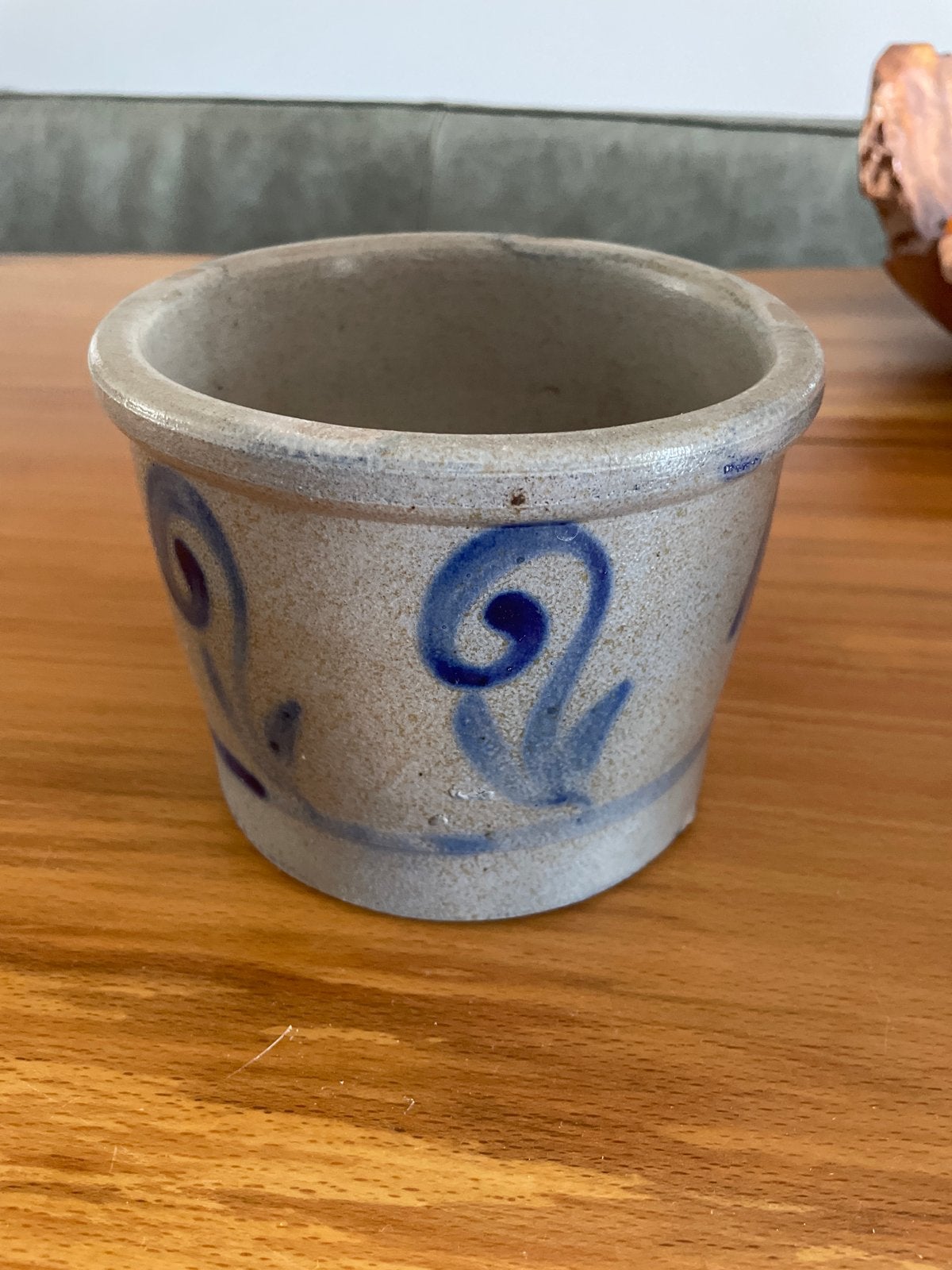 Vintage aardewerk potje met blauw decor, Ophalen