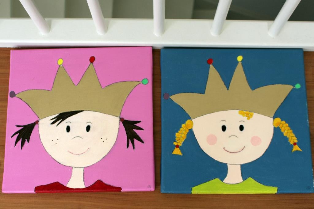 Twee vrolijke kinderschilderijen, handgeschilderd op doek, Ophalen of Verzenden, Zo goed als nieuw, Wanddecoratie